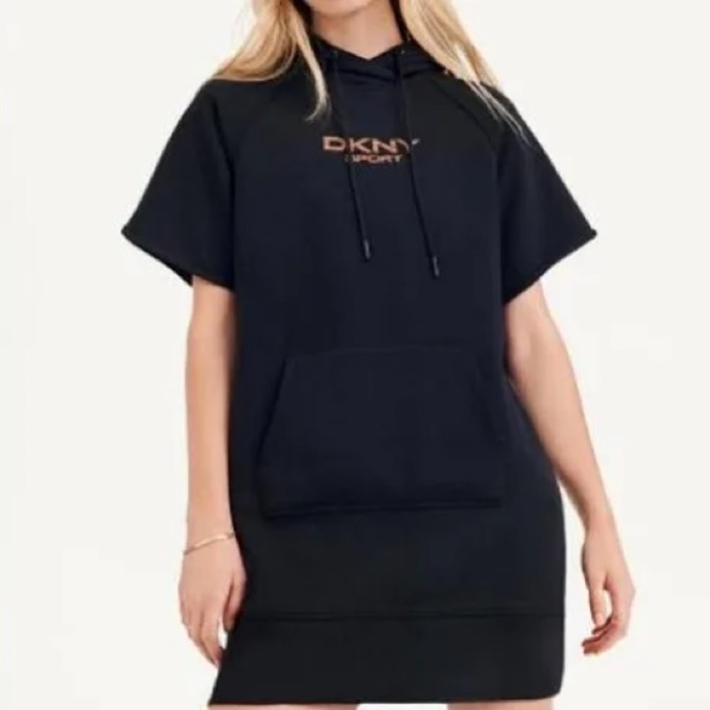 DKNY Sport Hooded Sweatshirt Dress Black Short Sleeve Pullover Oversized S